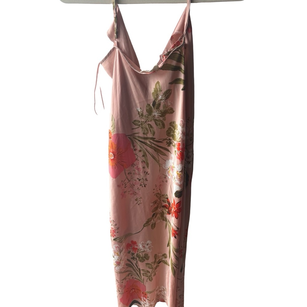 Floral Pink Slip Midi Dress with Side Slit - Picture 6 of 6